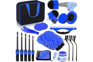 Herrfilk 20 Pcs Car Cleaning Tools Kit, Car Detailing Kit, Car Detailing Brush Set with Carry Bag, Auto Drill Brush Set Pro Car Wash Kit for Car Interior & Exterior, Wheel, Dashboard, Leather (Blue)