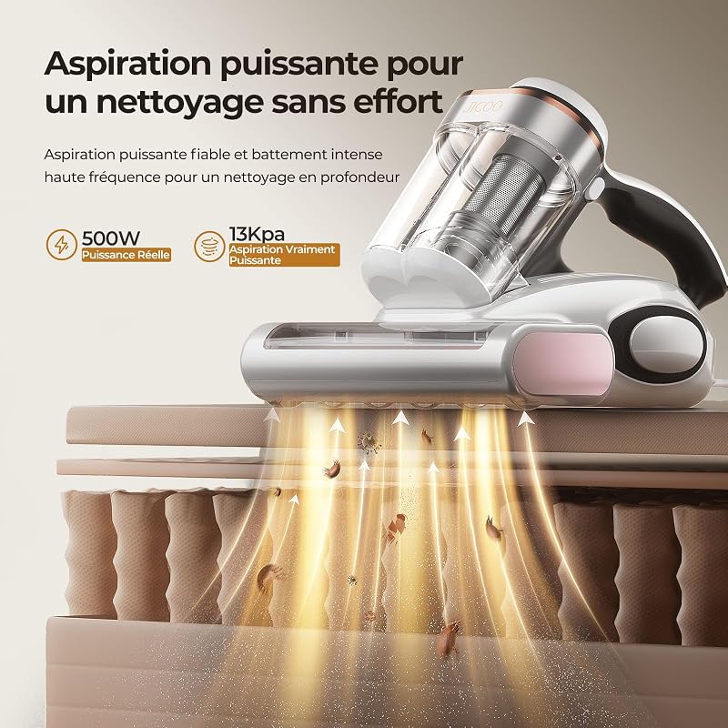 J300 Aspirateur Matelas: Anti-Acariens et Poils d'animaux, Capteur Intelligent et Lampe UV, 500W pour Lit et Canapé, Élimine Les Allergènes — photo 2 sur 8
