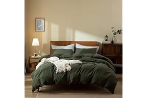 Dark Green Duvet Cover Queen, 100% Washed Cotton Linen Like Textured 3 Pieces Bedding Set, Solid Color Simple Style Luxury Re
