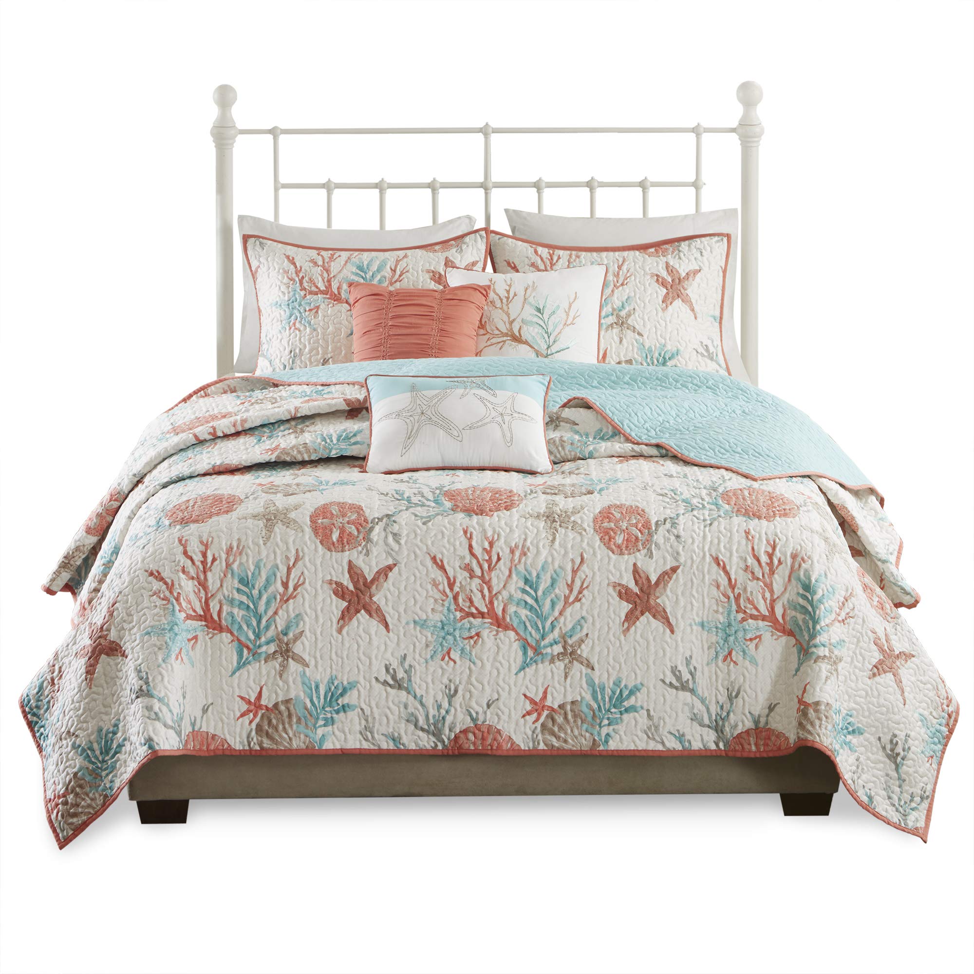 Madison Park Quilt Cottage Coastal Design All Season, Breathable Coverlet Bedspread Lightweight Bedding Set, Matching Shams, Decorative Pillow, King/Cal King(104"x94"), Pebble Beach, Coral, 6 Piece