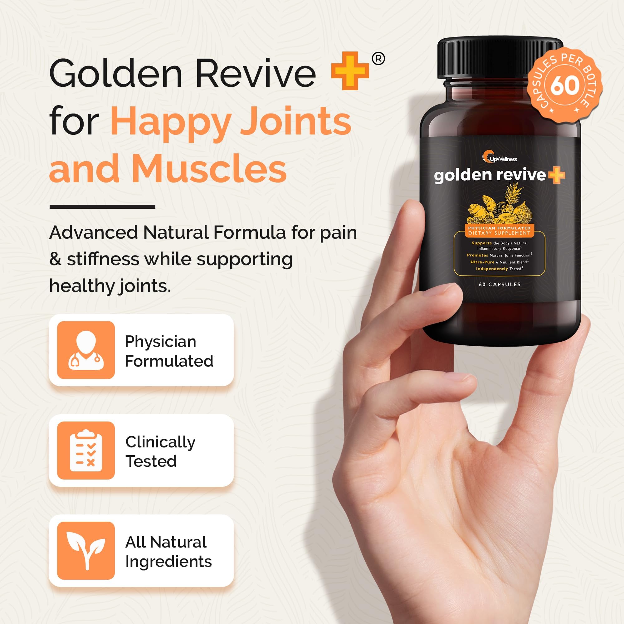UpWellness Golden Revive + Joint Support Supplement Featuring Turmeric with Black Pepper, Quercetin, and Magnesium- Turmeric Boswellia Supplement - 6 Active Ingredients for Joint Care - 60 Capsules