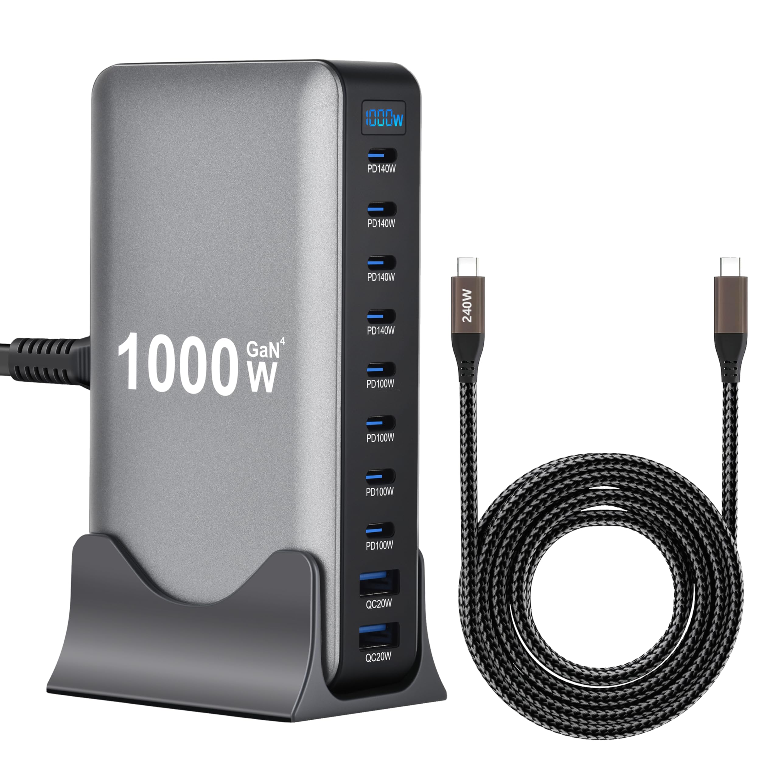 Photo 1 of 1000W 10-Port GaN 4 Desktop Charging Station with 240W 6.6 ft Data Cable - Compatible with Tablets, Phones, Laptops, Gaming Consoles, Headphones