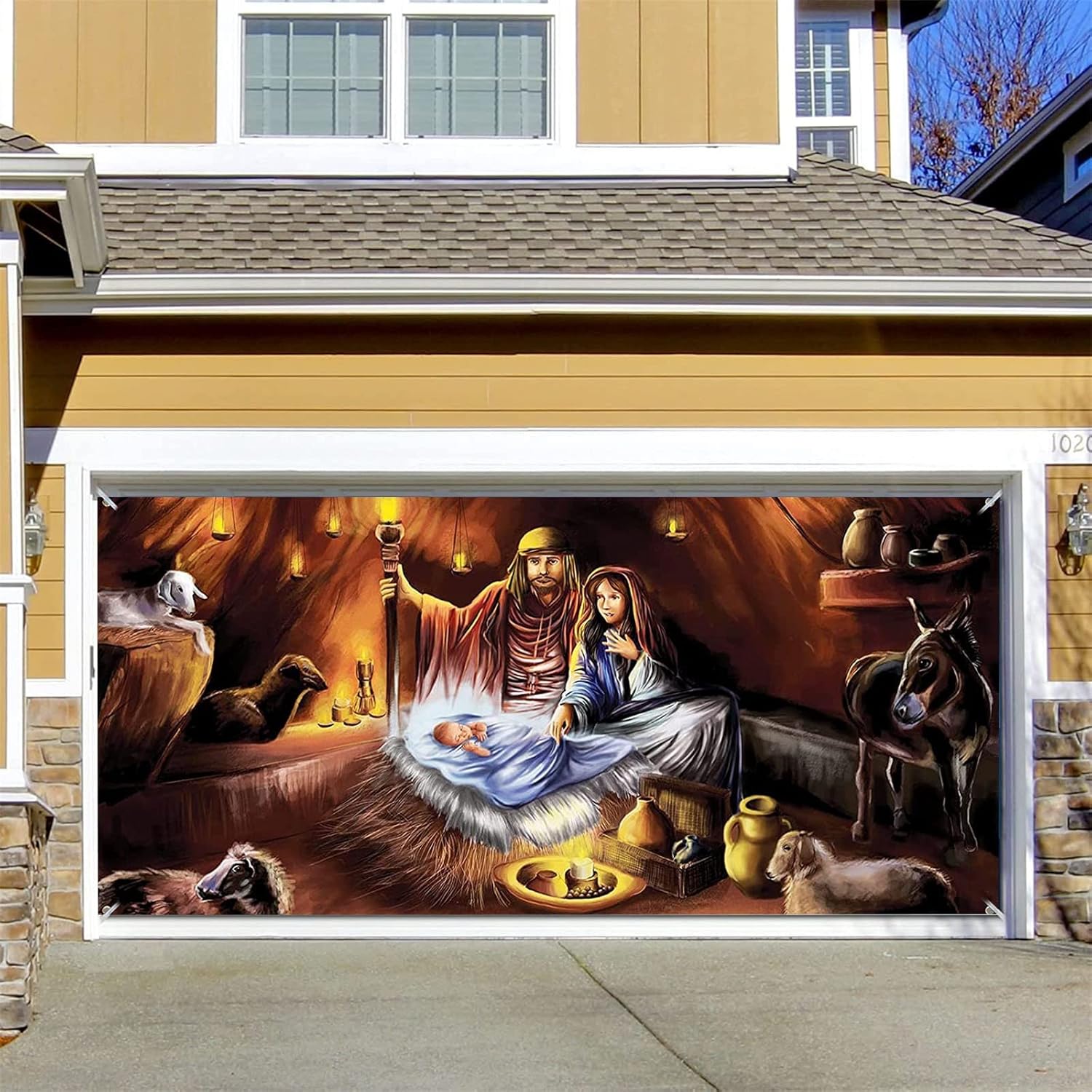 Garage Door Decorations - 7 x 16 ft Christmas Garage Door Decorations, Merry Christmas Garage Banner Nativity Christmas Decor, Xmas Large Door Cover Happy New Year Winter Outdoor Cover Holiday Decor Christmas Background
