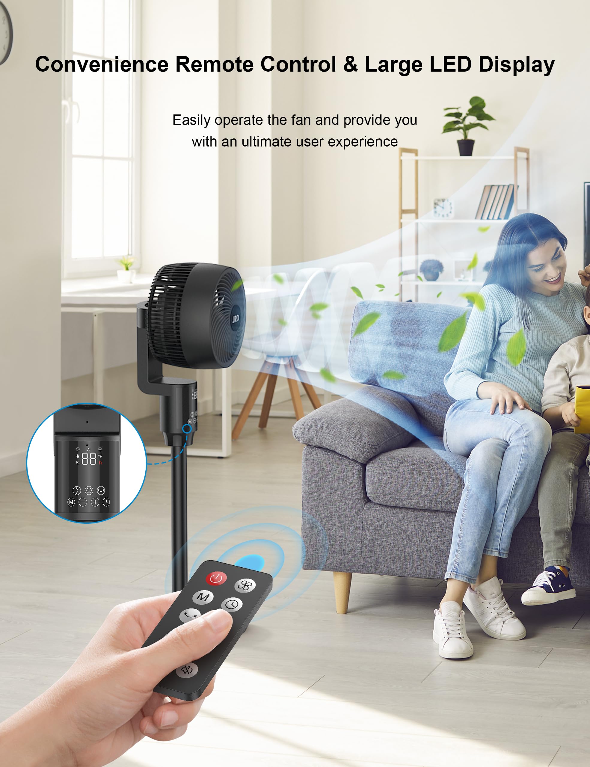 JRD Fan for Bedroom, 70° Oscillating Standing Fans, Quiet Floor Fan, 100ft Pedestal Fans for Room, 6 Speeds, 3 modes,90° Manual Vertical, 19-38