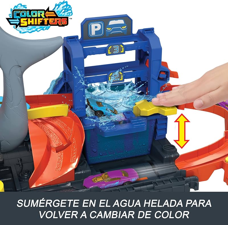 Hot Wheels City "Vamos correr!" Netflix - Túnel de lavagem de carro com tubarão, pista de carro de brinquedo, inclui 1 veículo que muda de cor com água, brinquedo +4 anos (HTN82)