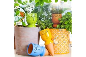 TWOWIN Terracotta Watering Spikes, Plant Self Watering Spikes Devices for Outdoor Indoor Plants, Automatic Vacation Plant Waterer While Away with Slow Release Watering System 4 Pack (Big Head with Glasses)