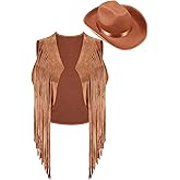 Zhanmai Fringe Vests Cowgirl Outfits for Women Faux Suede Tassels 70s Hippie Clothes Vest Jacket Western Cowboy Hat