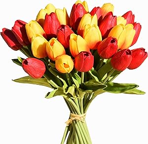 Mandy's 28pcs Orange and Red Artificial Latex Tulips for Party Home Decoration