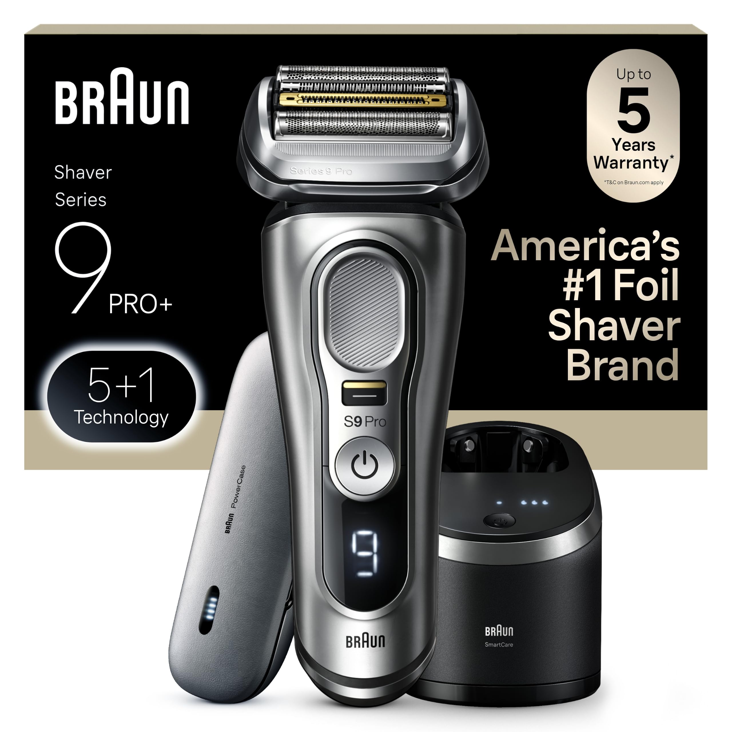 Braun Maquinilla de Afeitar Eléctrica para Hombres, Afeitadora de Lámina Impermeable, Serie 9 Pro 9477cc, Afeitado en Seco y Húmedo, con Estuche de Carga Portátil, Recortadora de Barba ProLift, Centro SmartCare de Limpieza y Carga 5 en 1, Plata