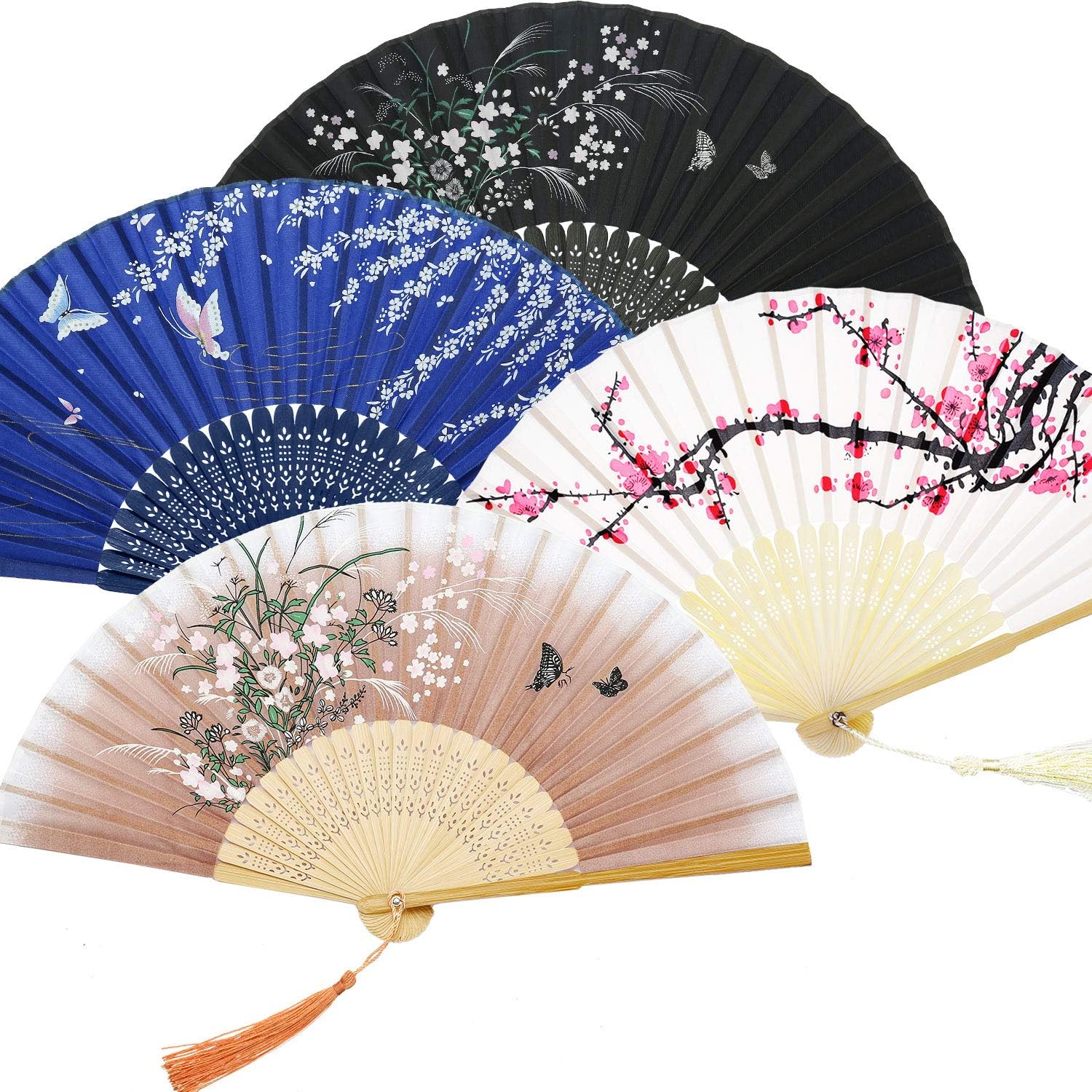 Zonon Handheld Floral Folding Fans Cherry Blossom Pattern