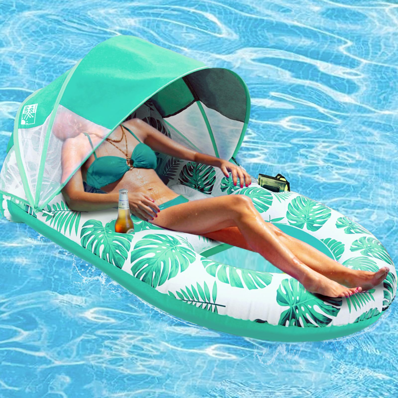 COOLCOOLDEE Pool Lounge Float with Canopy UPF50+,Extra Large Pool Floats for Adults Heavy Duty,Inflatable Lounger Float with Cup Holder & Backrest,Footrest(Green)