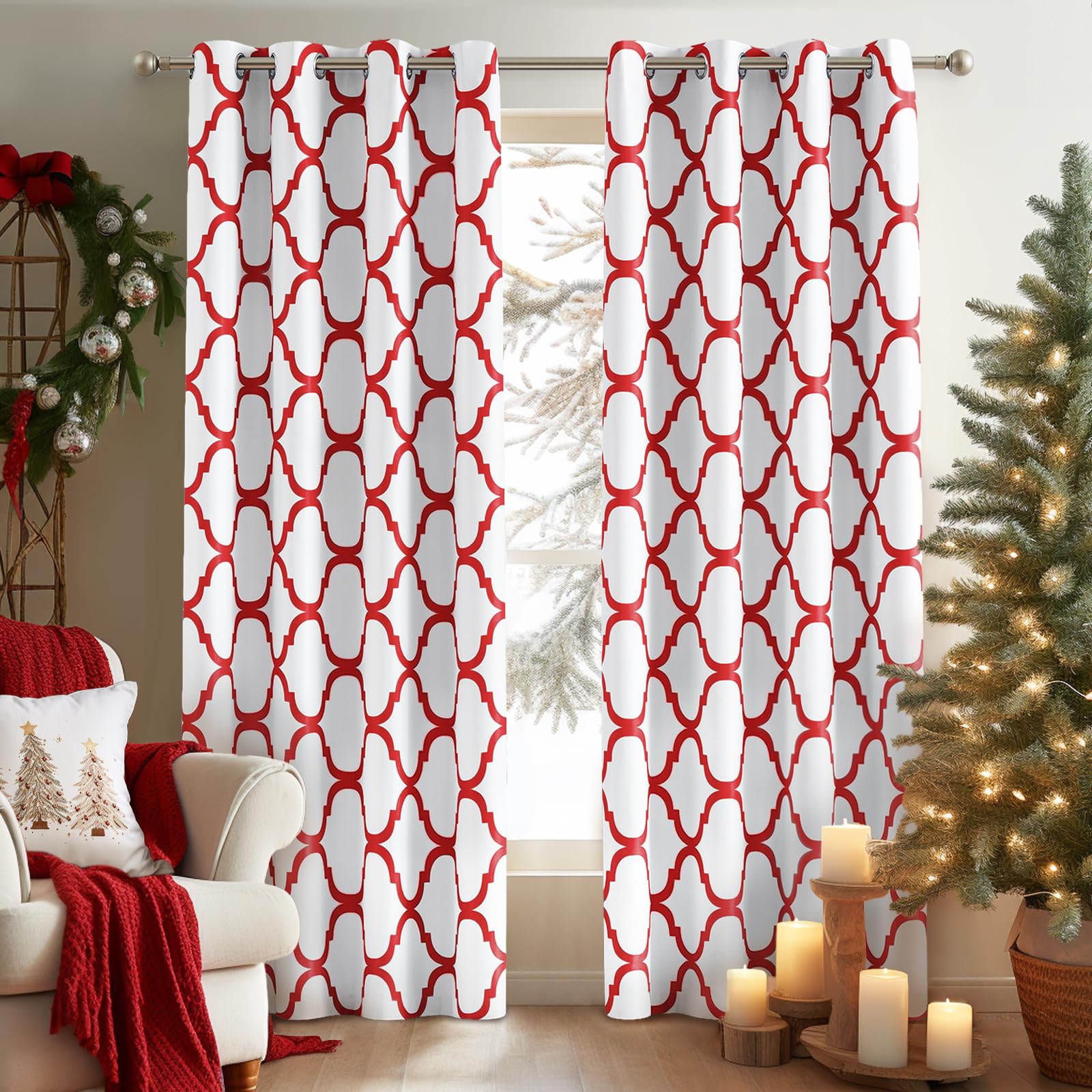 Melodieux Moroccan Fashion Thermal Insulated Room Darkening Blackout Grommet Curtains for Living Room, 42 by 96 Inch, Off White/Red (2 Panels) Image Melodieux Moroccan Fashion Thermal Insulated Room Darkening Blackout Grommet Curtains for Living Room, 42 by 96 Inch, Off White/Red (2 Panels) Image