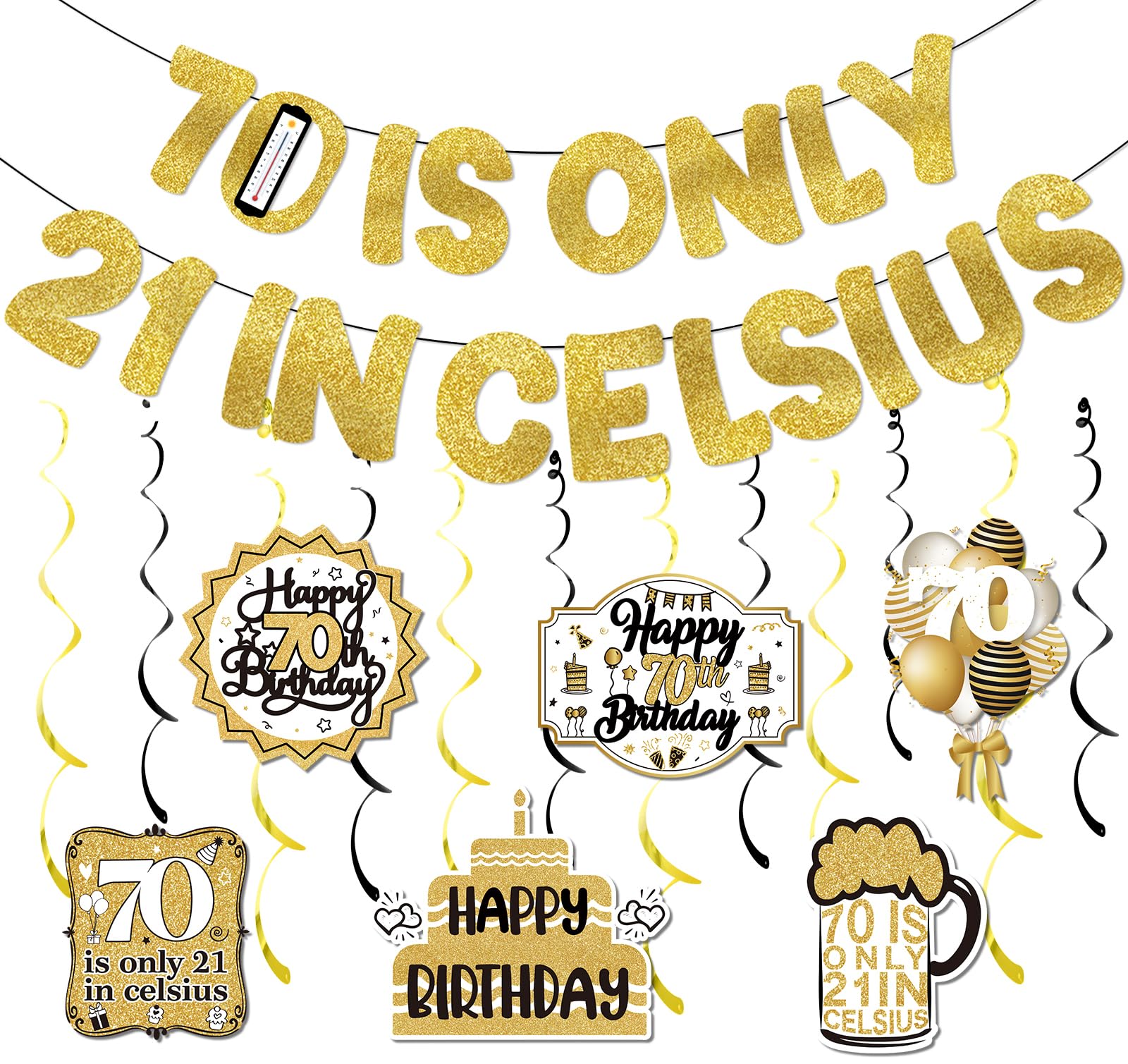 Photo 1 of 70th Birthday Banner 70th Birthday Decorations 70 is Only 21 in Celsius Banner Hanging Swirls