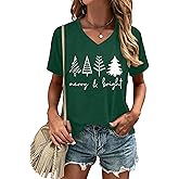 HQP Christmas Shirts for Women: Merry Christmas V Neck T Shirt Xmas Tree Graphic Tees Christmas Vacation Short Sleeve Tops