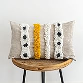 VANNCIO Boho Tufted Lumbar Throw Pillow Cover with Handwoven Stripes, Linen Cotton Simple Decorative Cushion Case for Couch Sofa, 1 PC (Beige Yellow, 12x20 inch)