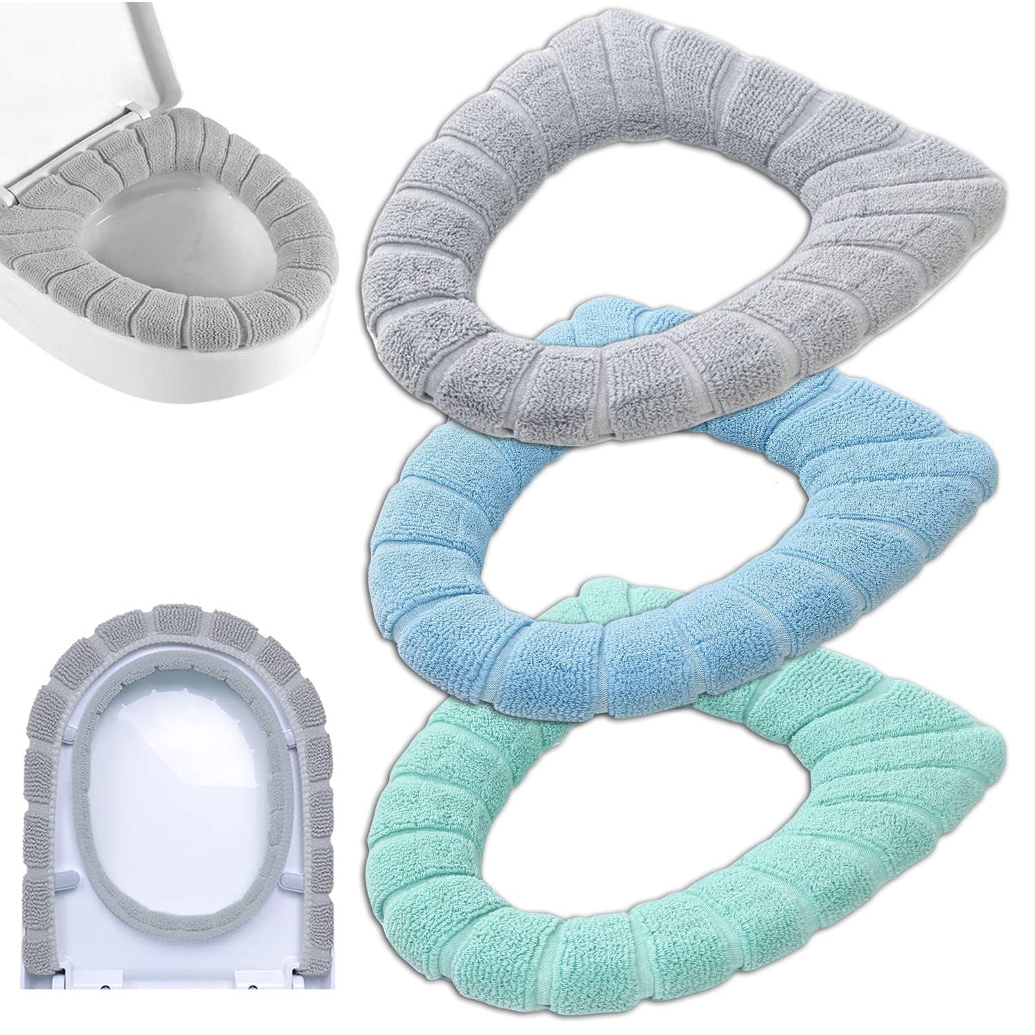 Bathroom Soft Thicker Warmer Stretchable Washable Cloth Toilet Seat Cover Pads, Random Colour (1 Pack=3 Pcs)