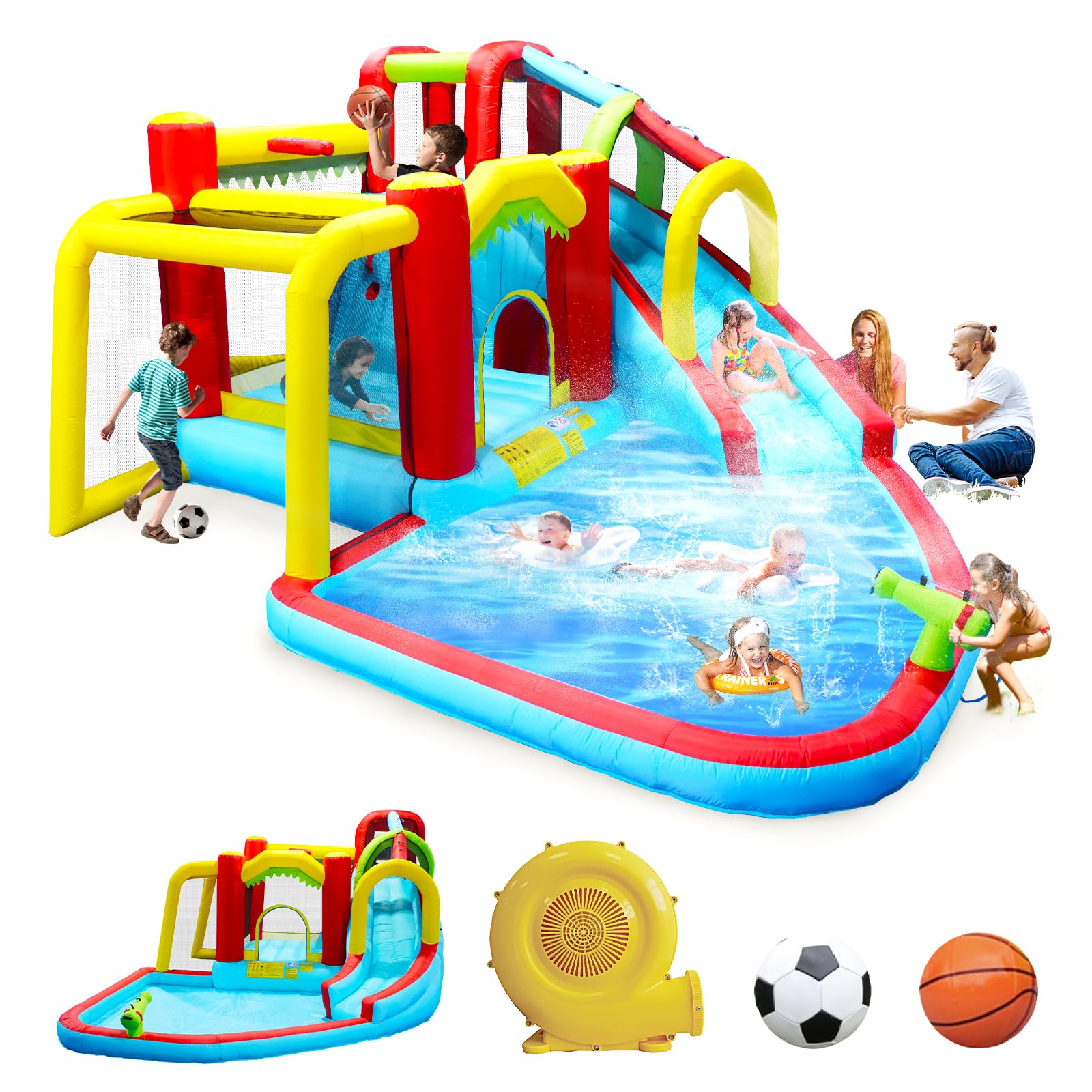Photo 1 of ***FACTORY SEALED***LKJYBG Inflatable Water Park with Blower, 7-in-1 Bouncing House Jumping Castle with, Pool, Climbing Wall, Basketball, Soccer, Outdoor Playground for Summer Party, Gifts for Boys Girls Multicolor
