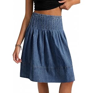 Flowyair Womens Denim Skirt Pleated High Waisted Summer A-Line Knee Length Midi Jean Skirt