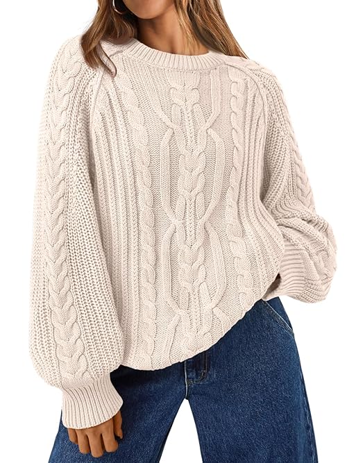 Trendy Queen Women Oversized Sweaters 2025 Fall Fashion Outfits Cable Knit Cozy Crewneck Cotton Pullover Cute Chunky Long Tunic Ladies Top Old Money Clothes Winter Clothing Cream S