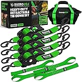 Rhino USA Retractable Ratchet Straps (4-Pack) - 2 Inch x 10 Feet (3,033lb Break Strength) - Heavy Duty Auto Self Retracting Tie Down Straps for Truck, Cargo Trailer, Motorcycle, Rad & More - Green