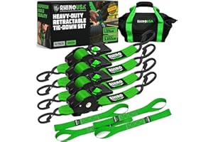 Rhino USA Retractable Ratchet Straps (4-Pack) - 2 Inch x 10 Feet (3,033lb Break Strength) - Heavy Duty Auto Self Retracting T