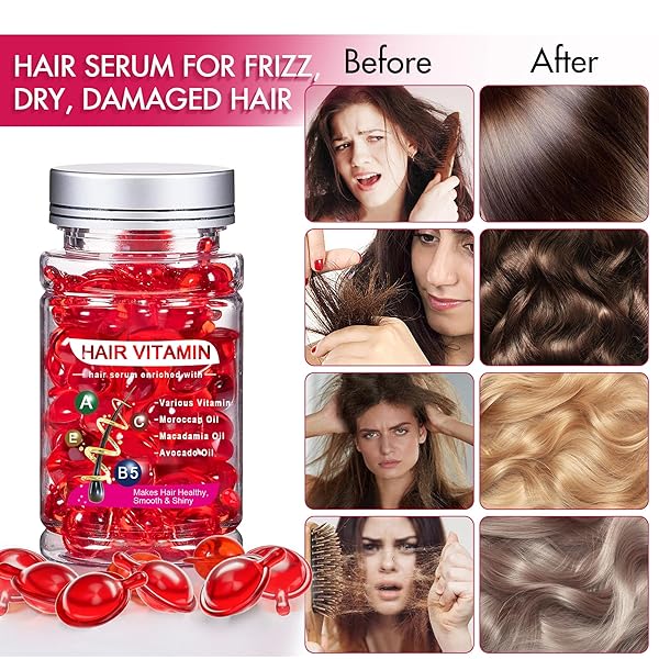 MISICH HAIR SERUM FOR FRIZZY & DRY HAIR, HAIR TREATMENT OIL FOR DAMAGED HAIR, HAIR VITAMIN OIL CAPSULES WITH ARGAN, AVOCADO, MOROCCAN OIL, ANTI FRIZZ LEAVE IN CONDITIONER WITH VITAMIN A, C, E & B5