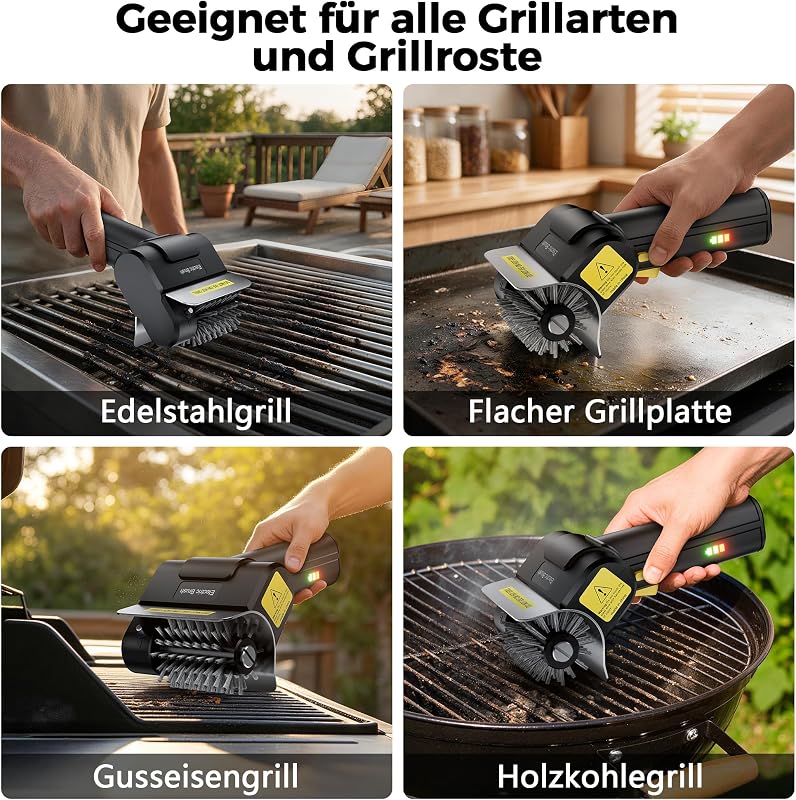 Spazzola elettrica per barbecue all'aperto, ricaricabile, 1100 giri/min, durata di 100 minuti, spazzola di ricambio inclusa, sicura per tutti i barbecue, regalo per uomini