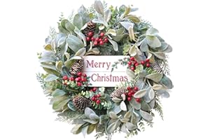 CIR OASES Christmas Wreath for Front Door, 18” Artificial Winter Wreaths with Berries Pine Cone Ear Lambs Eucalyptus Leaves for Holiday Decor, Merry Christmas Sign for Christmas Decor. (Red Berry)