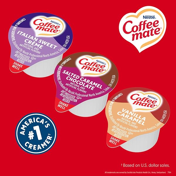 NESTLE COFFEE MATE CREAMER SINGLES VARIETY PACK, ITALIAN SWEET CREME, SALTED CARAMEL CHOCOLATE, VANILLA CARAMEL NON DAIRY, NO REFRIGERATION, 0.375 FL OZ TUBS, 150 COUNT (PACK OF 50 PER FLAVOR)