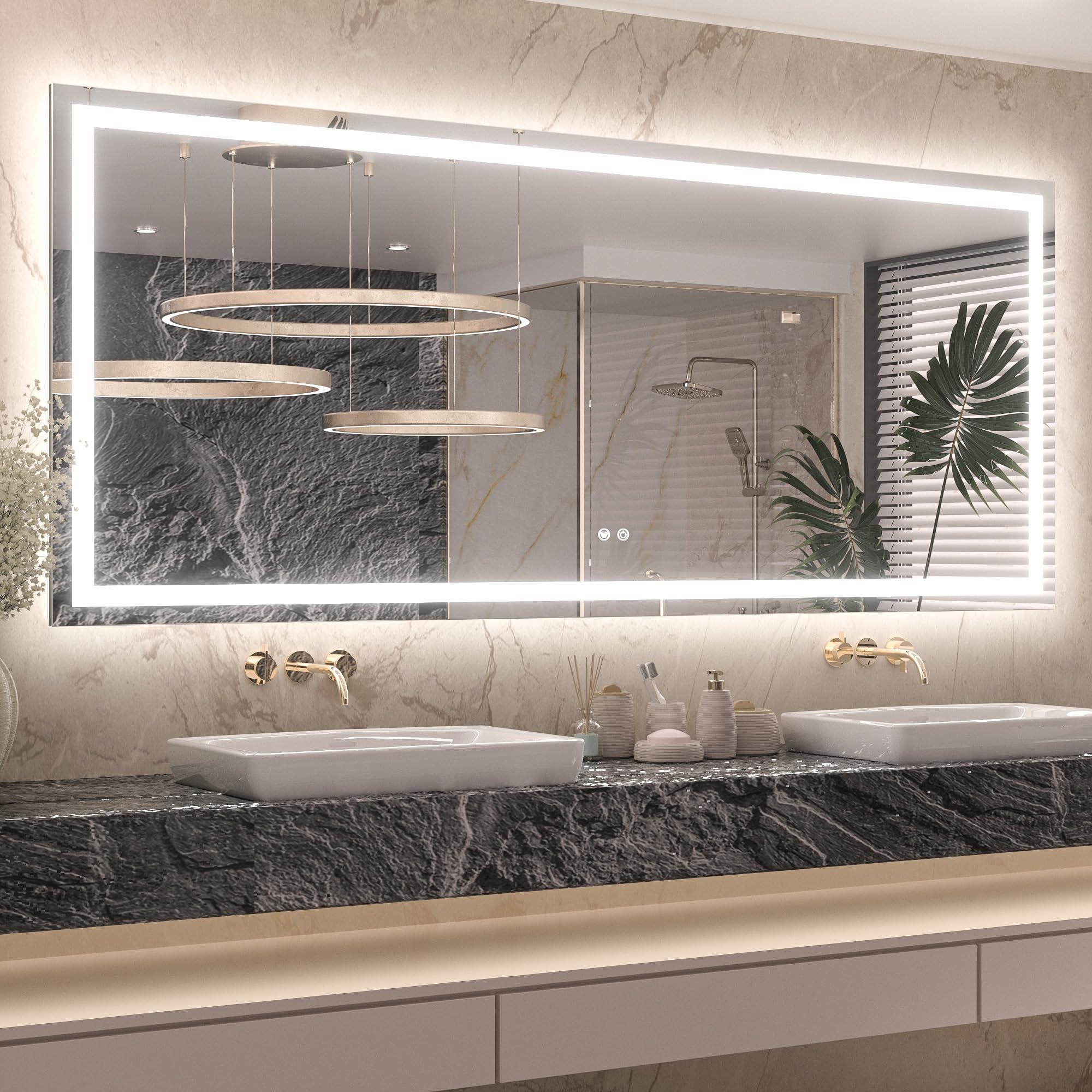 Photo 1 of Keonjinn LED Bathroom Mirror 72 ” x 32 ” with Frontlit & Backlit, Lighted Mirror for Bathroom Wall with Dimmable 3-Color Lights, Large Anti-Fog Mirror, HD Tempered Glass, UL-Listed LED Driver