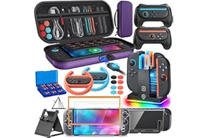 Switch 2 Accessories, Case Bundle for Nintendo Switch 2 2025 Console,[Charge Inside]FYOUNG 23 IN 1 Kit:Carrying Case,Controller Charger,Protective Shell,Grip for Joycon, Steering Wheel for Mario Kart(Purple)