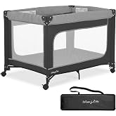 Dream On Me EZGo Portable Playard, Tool-Free Assembly, Easy One-Step Fold, Breathable Mesh Sides, Removable Mattress Pad &amp; Smooth Locking Wheels, Travel Carry Bag Included &ndash; Black &amp; White
