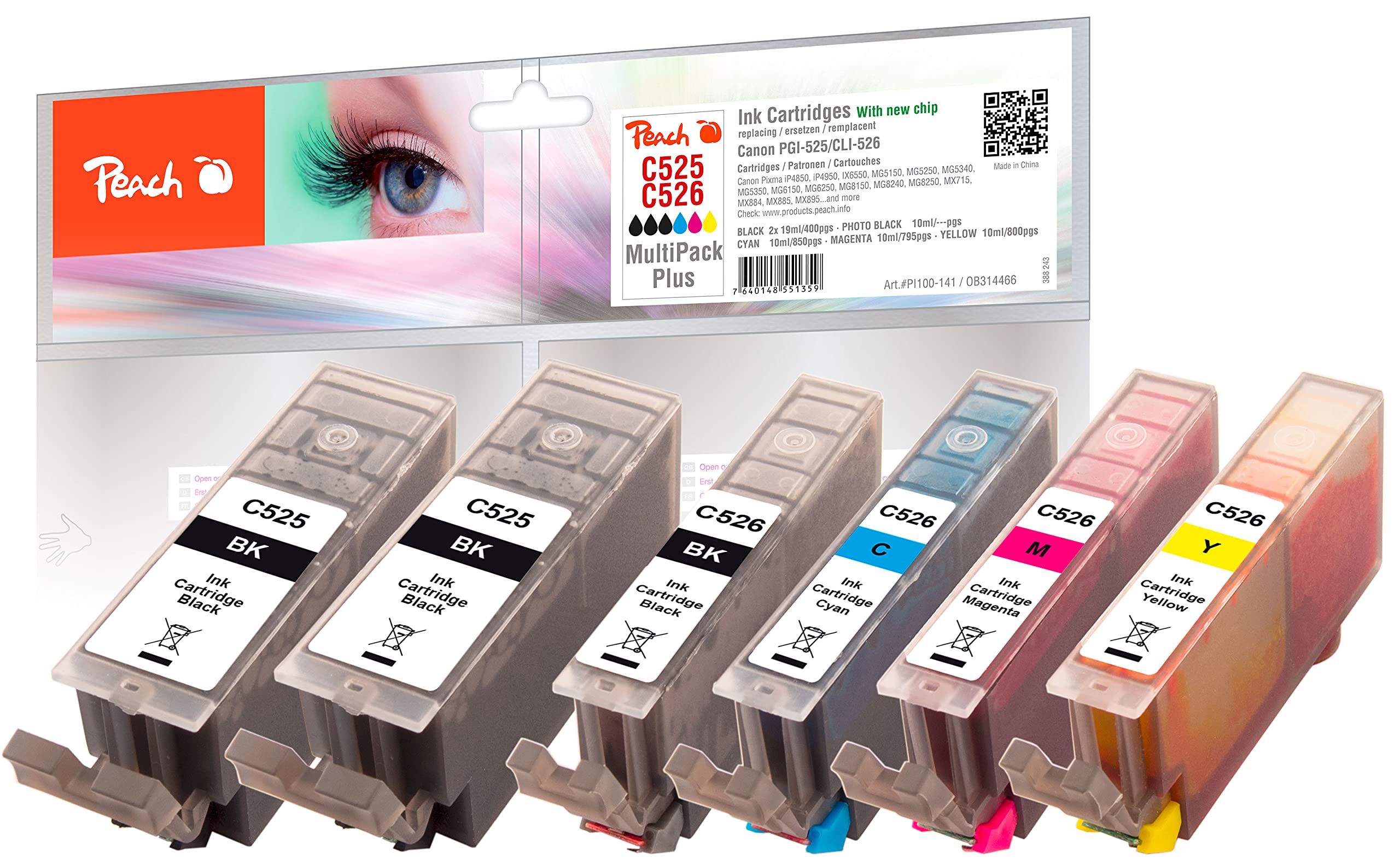 Peach PI100-141 Combi Pack Plus Cartridge with Chip XL-Yield for Canon CLI-526, PGI-525