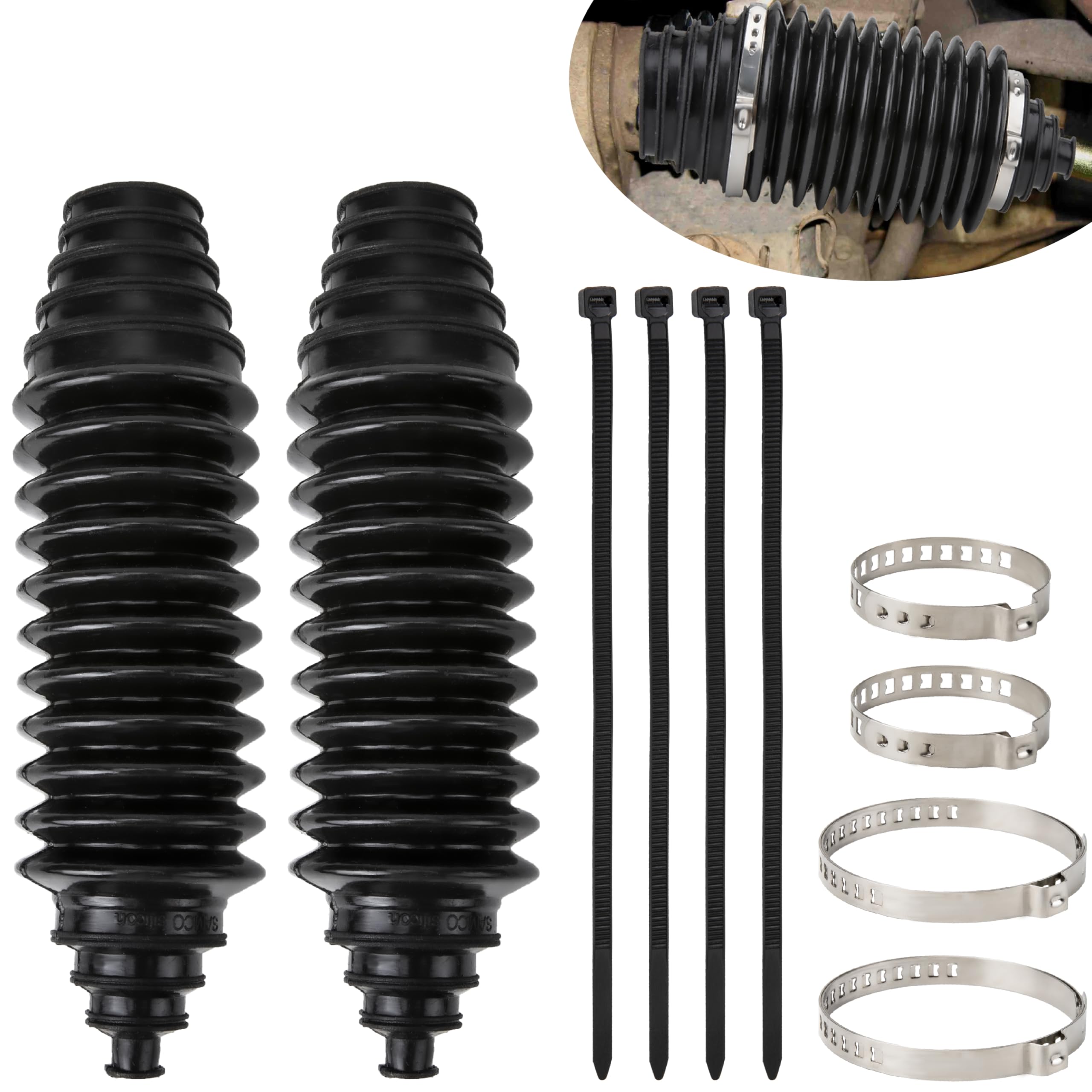 Photo 1 of Steering Rack Boot Kit, Universal Steering Rack and Pinion Tie Rod Boots, Dustproof Silicone Inner Tie Rod Boot Set with Rack and Pinion Bellow Cable Ties and Clamps (Black)