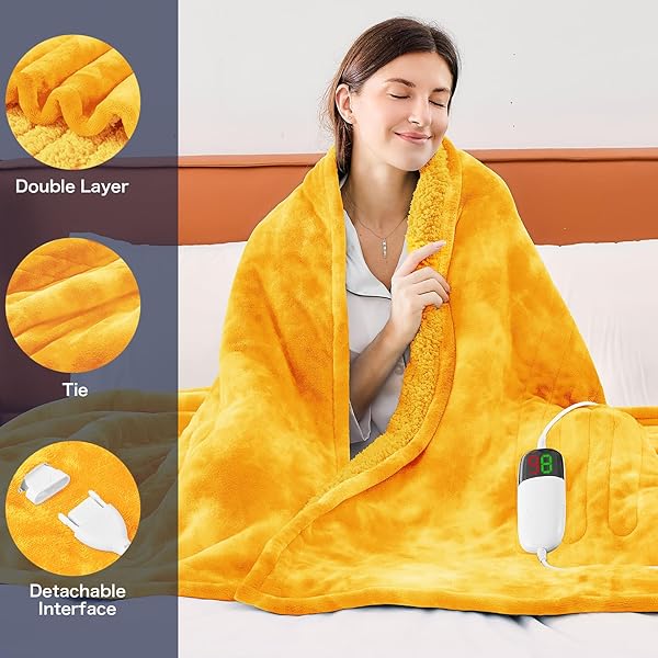 GREENOAK HEATED ELECTRIC BLANKET THROW, FAUX FUR SHERPA HEATING BLANKET FOR SOFA BED, WARM WINTER GIFTS FOR WOMEN/ADULTS, HEATER LAP BLANKETS 5-POSITION TIMER &10 HEATING LEVELS 50”*60″ GOLDEN