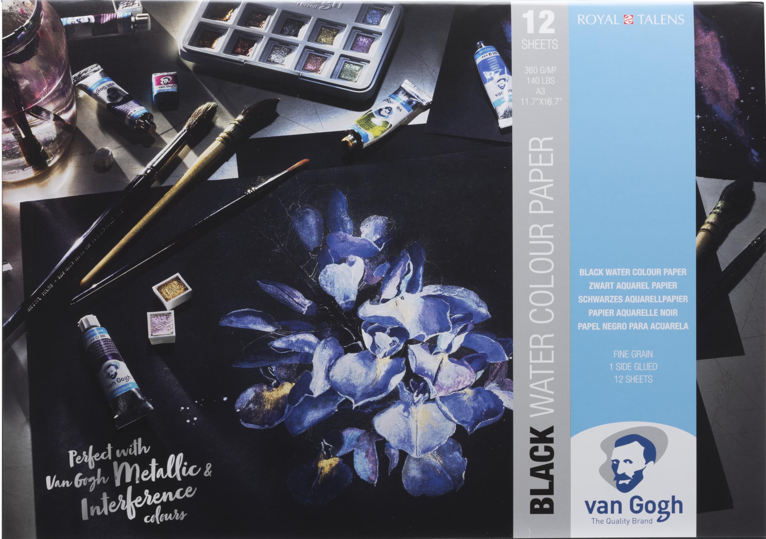 Van Gogh Watercolour Paper Pad, 140lb., Black Paper, 12 Sheets, 11.7" x 16.5" / A3