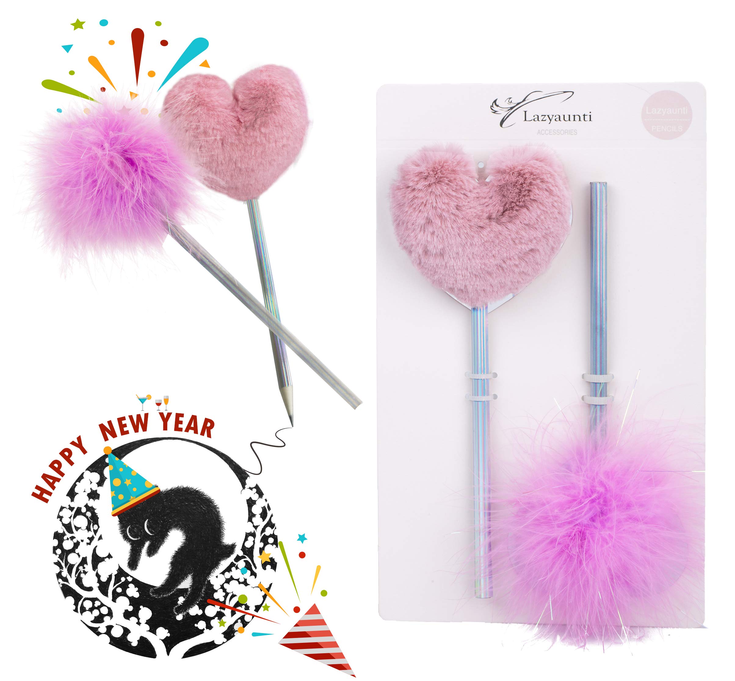 Lazyaunti Cute Fluffy Pencils for Kids Fancy Fun Pencil Toppers Plush Ball Classroom Gift Personalized School Supplies for Girls (Purple Heart)