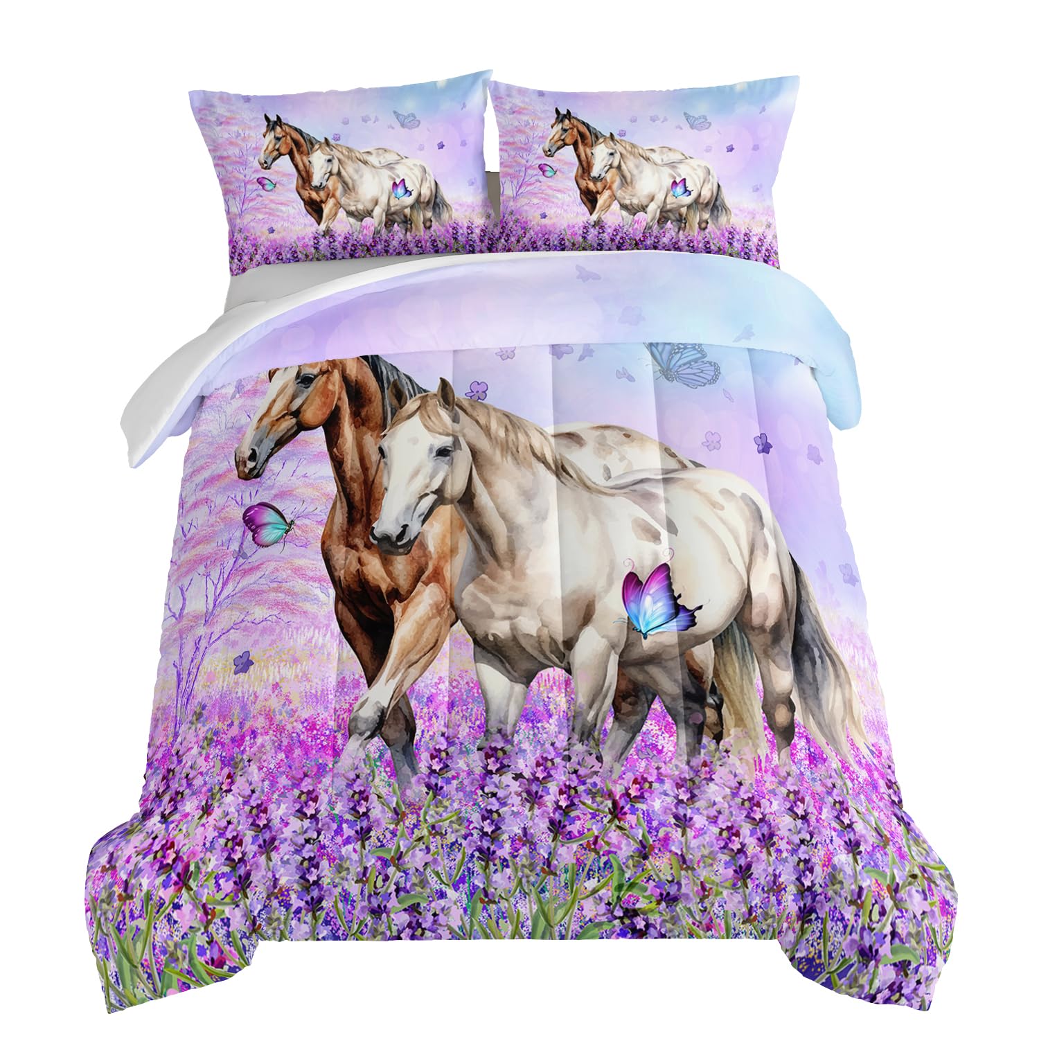 Photo 1 of HOSIMA Farm Animal Bedding Set Horse Comforter,Butterfly Lilac Floral Comforter Tween Bedding Sets for Girls Couple Room Decor Aesthetic Chic Twin Comforter Set with 2 Pillowcases.