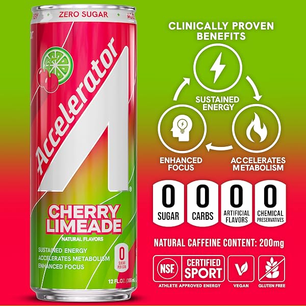 ACCELERATOR ENERGY DRINK, CHERRY LIMEADE 12OZ CAN (12 PACK), ZERO SUGAR, SUSTAINED ENERGY FROM 100% NATURAL CAFFEINE (200MG FROM GREEN COFFEE BEAN & GREEN TEA EXTRACT)