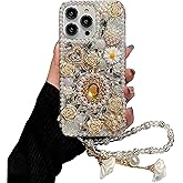 iFiLOVE for iPhone 13 Pro Max Bling Diamond Case with Flower Strap, 3D Luxury Sparkle Glitter Crystal Rhinestone Pearl Love Rose Wristband Bracelet Case Cover for Girls Women Kids (White)