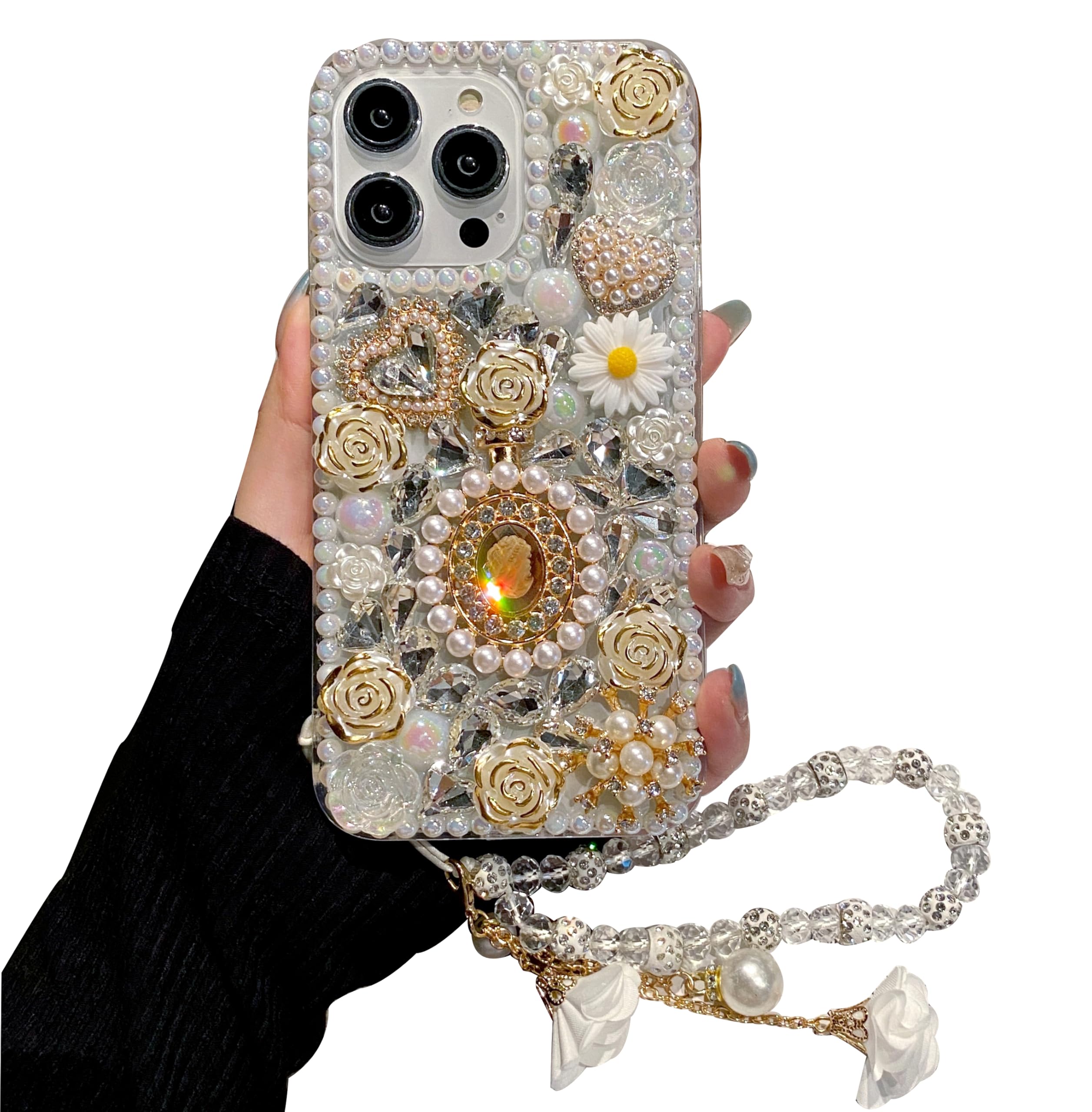 iFiLOVE for iPhone Xs Max Bling Diamond Case with Flower Strap, 3D Luxury Sparkle Glitter Crystal Rhinestone Pearl Love Rose Wristband Bracelet Case Cover for Girls Women Kids (White)