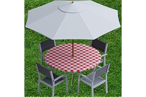 Sorfey Vinyl Umbrella Round Fitted Tablecloth Cover, Checkered Design, Flannel Backed Lining 54 Inch, Red
