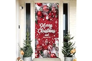 Saoplasa Merry Christmas Door Banner 35x71 Inch Red Christmas Front Door Cover with Snowflakes and Lettering for Xmas Winter Seasonal Holiday Party Porch Wall Hanging New Year Entryway Decoration