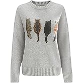 Floerns Women's Graphic Sweater Cat Print Crew Neck Long Sleeve Knitted Casual Fall Pullover Tops