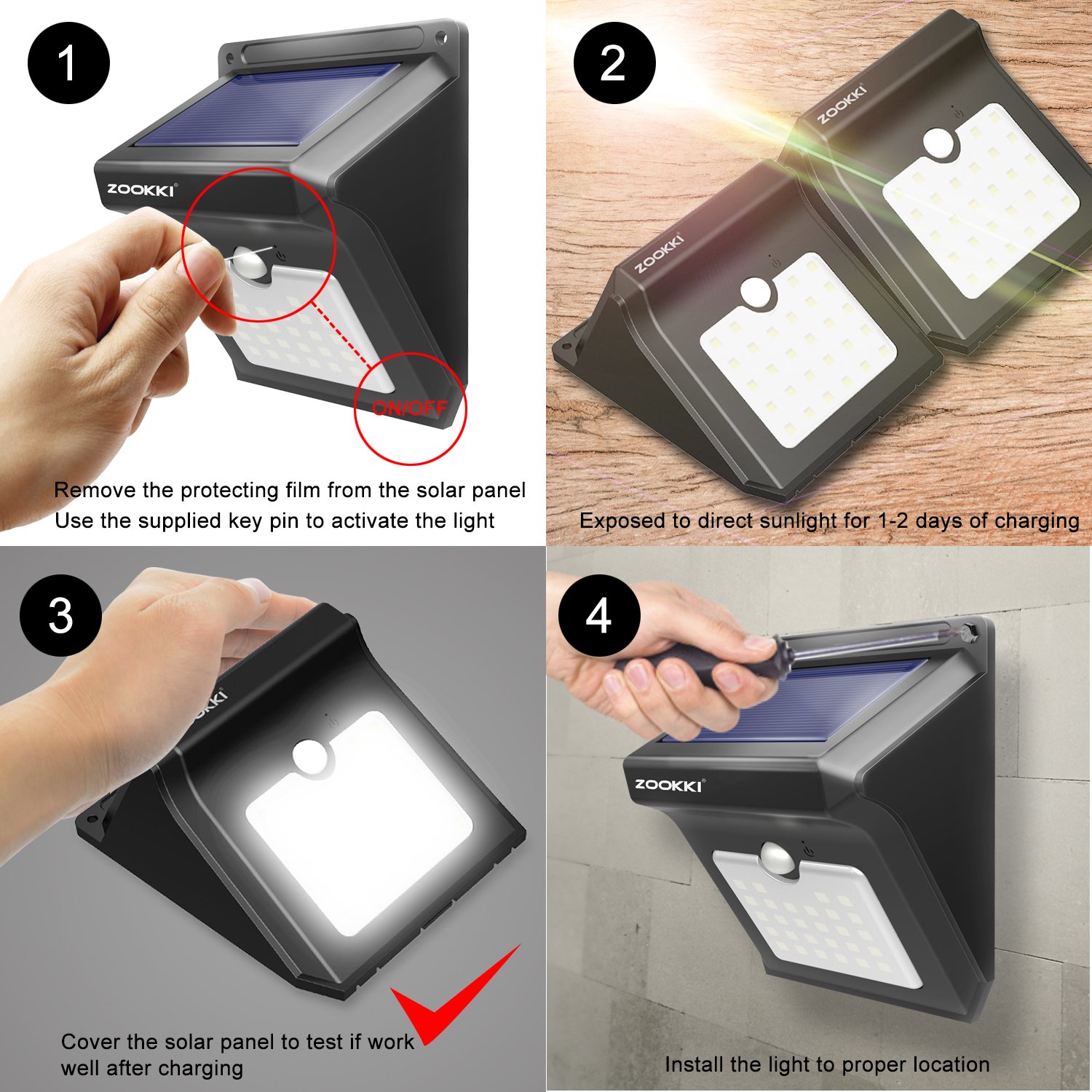 Solar 28 LED Motion Sensor Lights Outdoor, ZOOKKI Wireless Waterproof