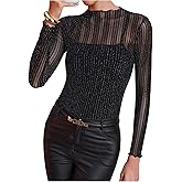 SHENHE Women's Sparkly Sheer Mesh Shirt Striped Long Sleeve Slim Fit Party Evening Top