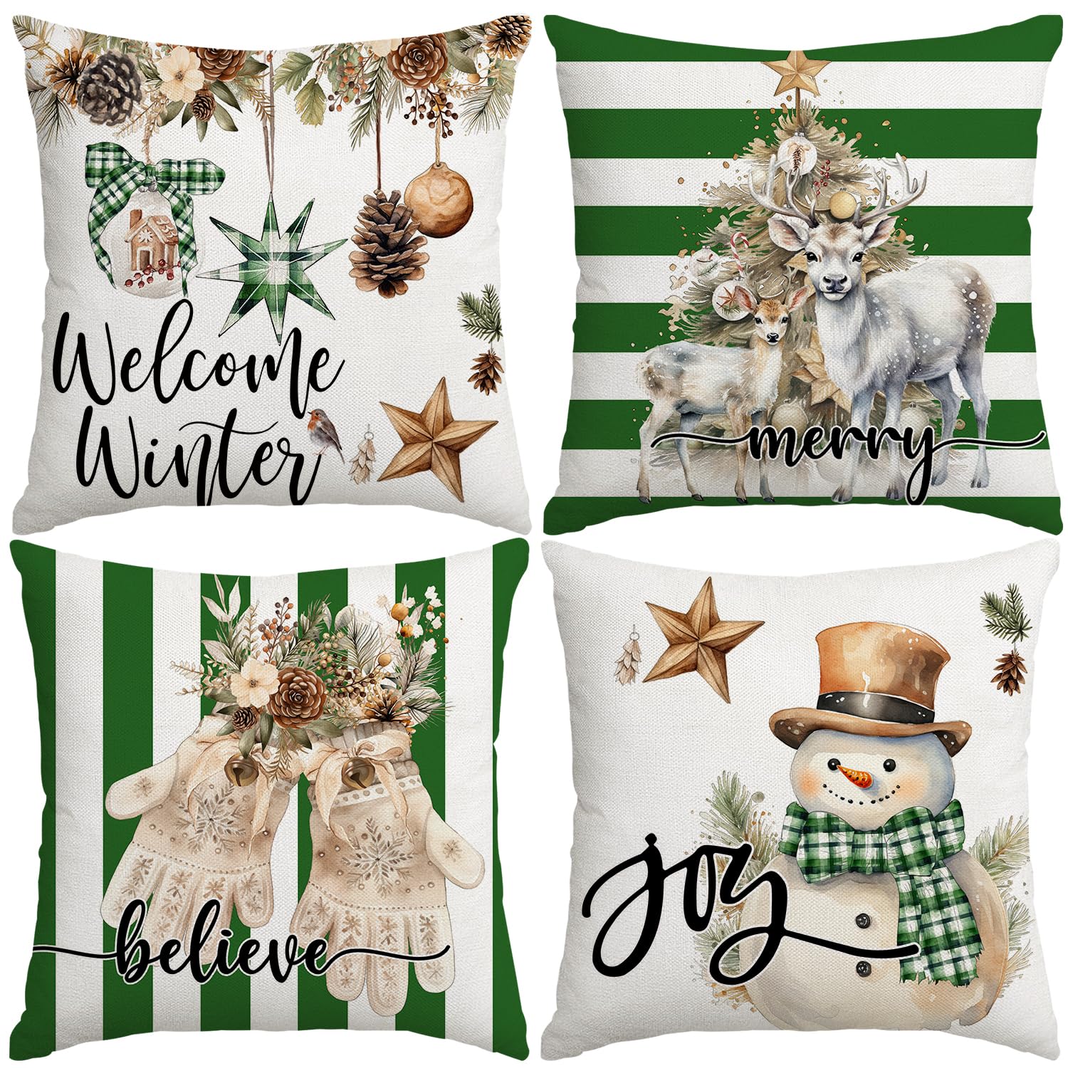 Miaikoe Christmas Cushion Covers 50x50 cm Set of 4 Snowman Gloves Welcome Winter Green White Strip Christmas Throw Pillow Covers Winter Farmhouse Decoration for Home