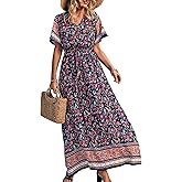 PRETTYGARDEN Women's Casual Summer Boho Floral Print Dress V Neck Short Sleeve High Waist Long Maxi Beach Dresses