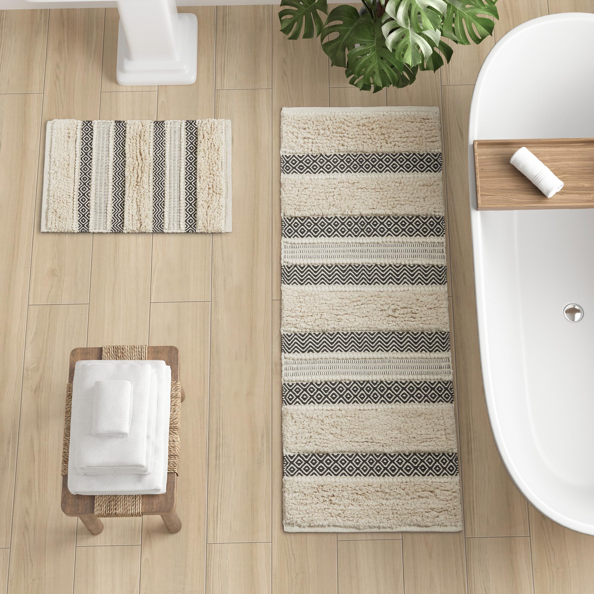 Photo 1 of INK+IVY Bath Rug Hand-Woven Texture Shaggy Striped Soft & Water Absorbent, Boho Bathroom Décor Bath-Mats, Non-Slip Absorbent Quick Dry Mats for Tub, Shower Room, Asher, 22x58, Black 1 Piece