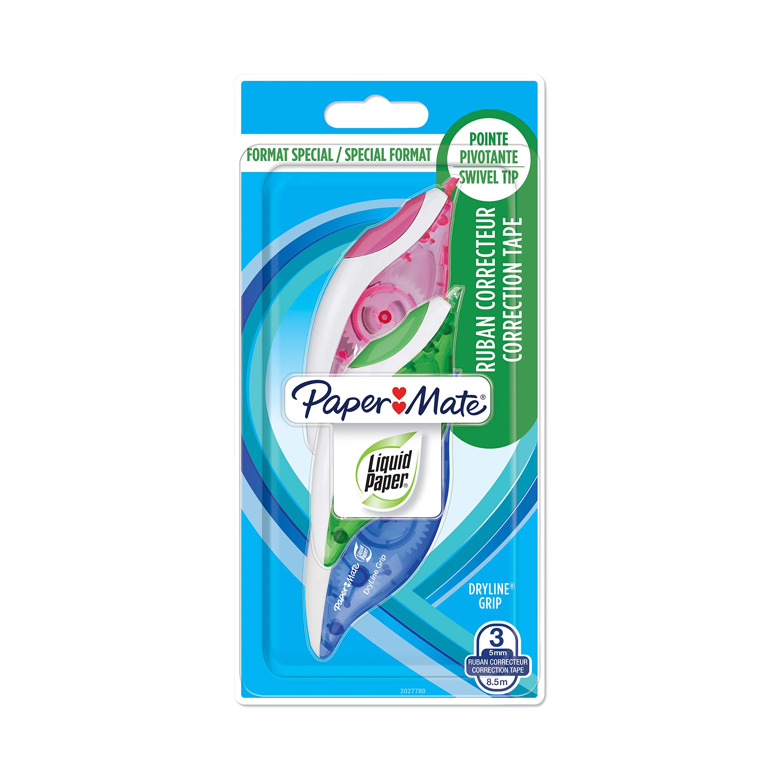 Paper Mate Liquid Paper DryLine Grip Correction Tape | Pink & Blue | 2 Count
